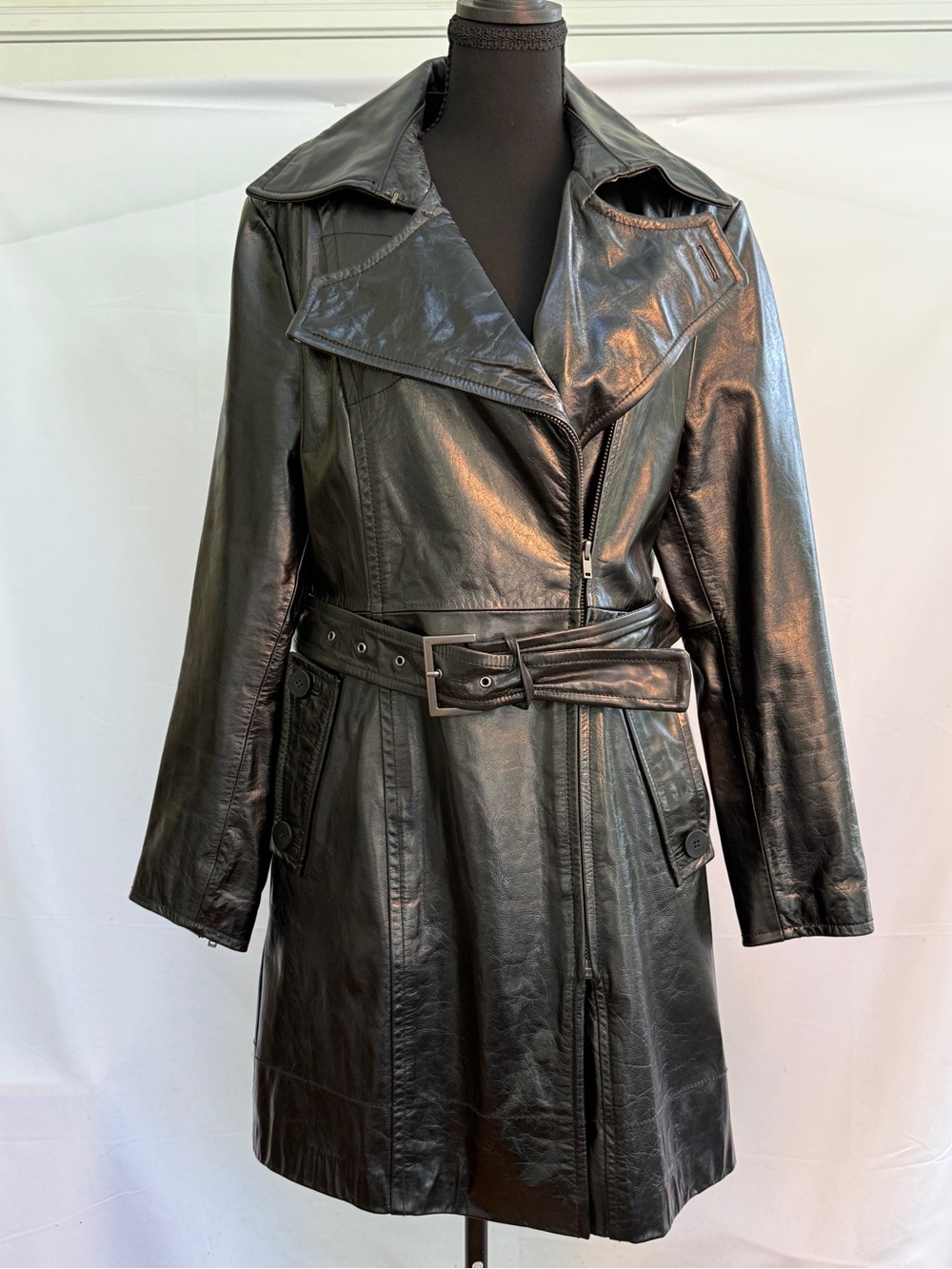 Kenneth Cole Black Leather Trench Coat with Belt